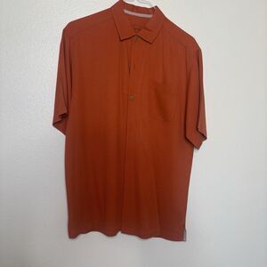 Tommy Bahama Button Shirt Mens Size M Orange 100% Silk Hawaiian Beachy Vacation